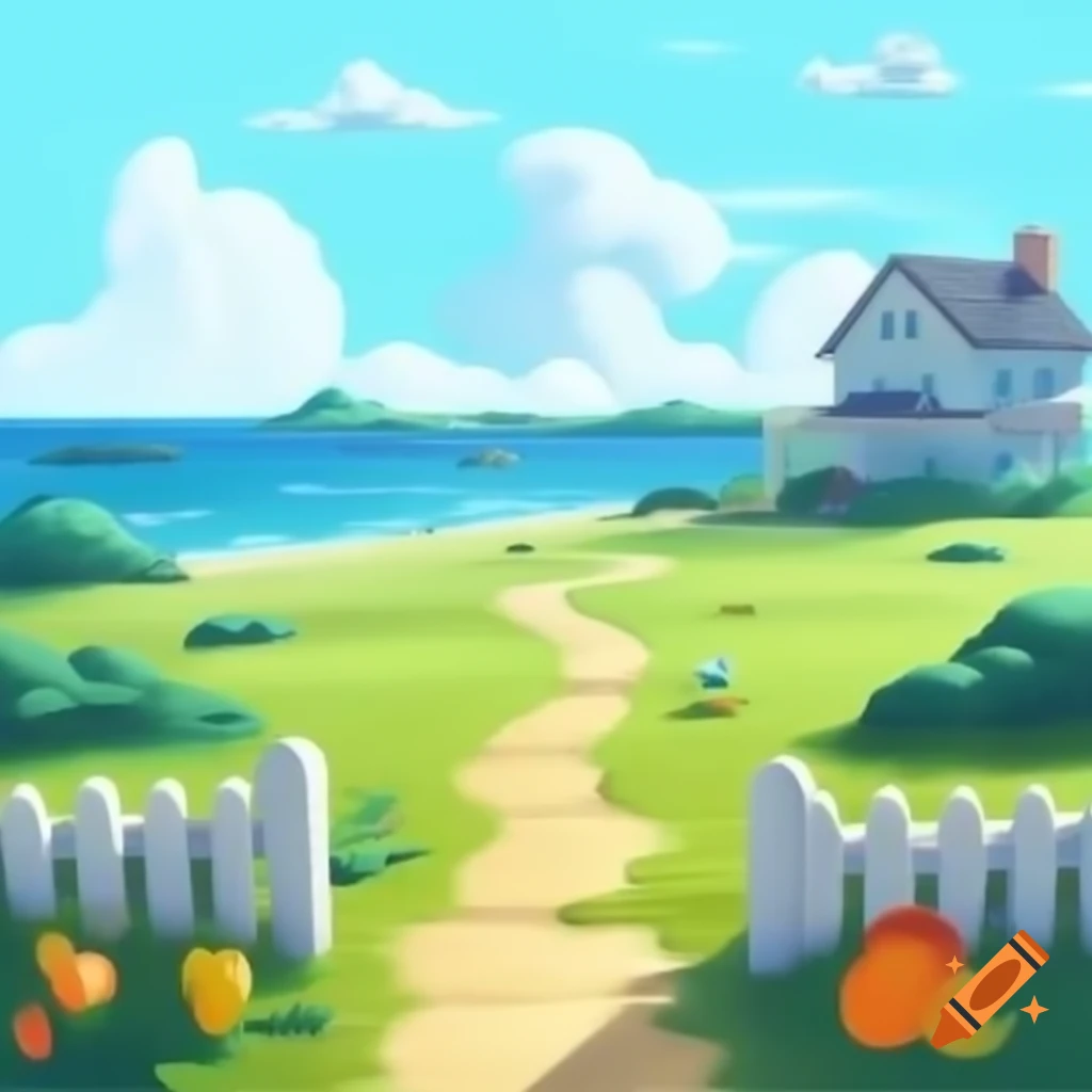 Path leading to beach backyard next to house, cartoon style