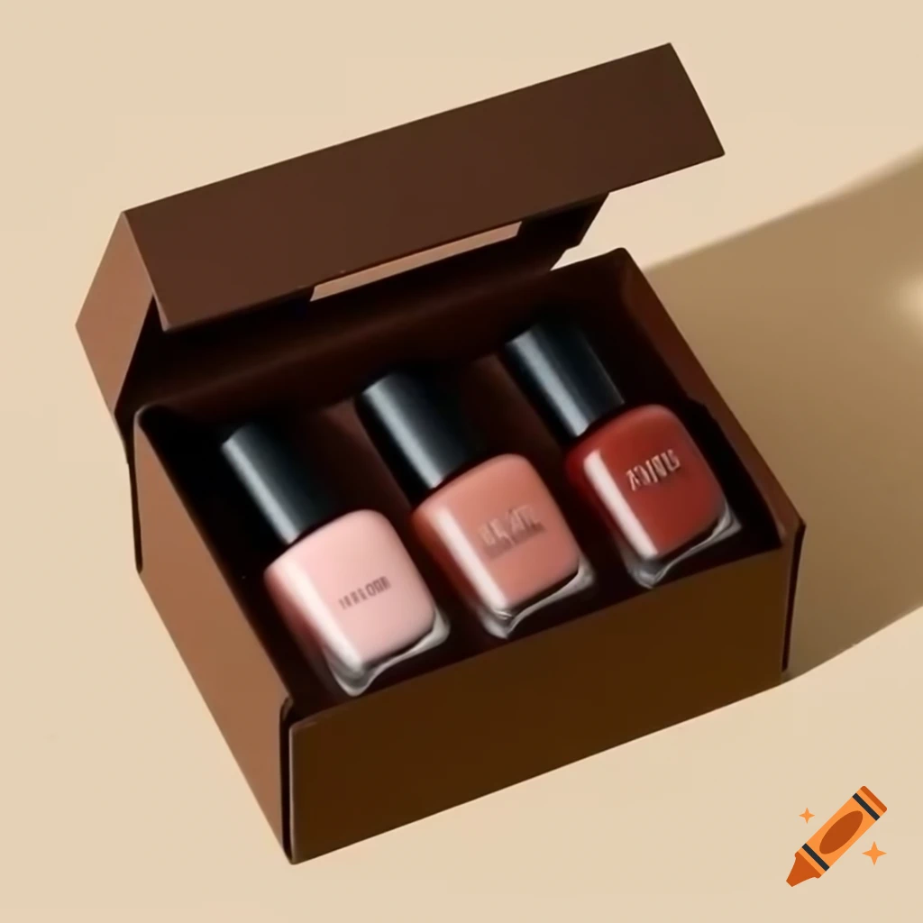 Dark brown box mock-up with five glass nail polish bottles