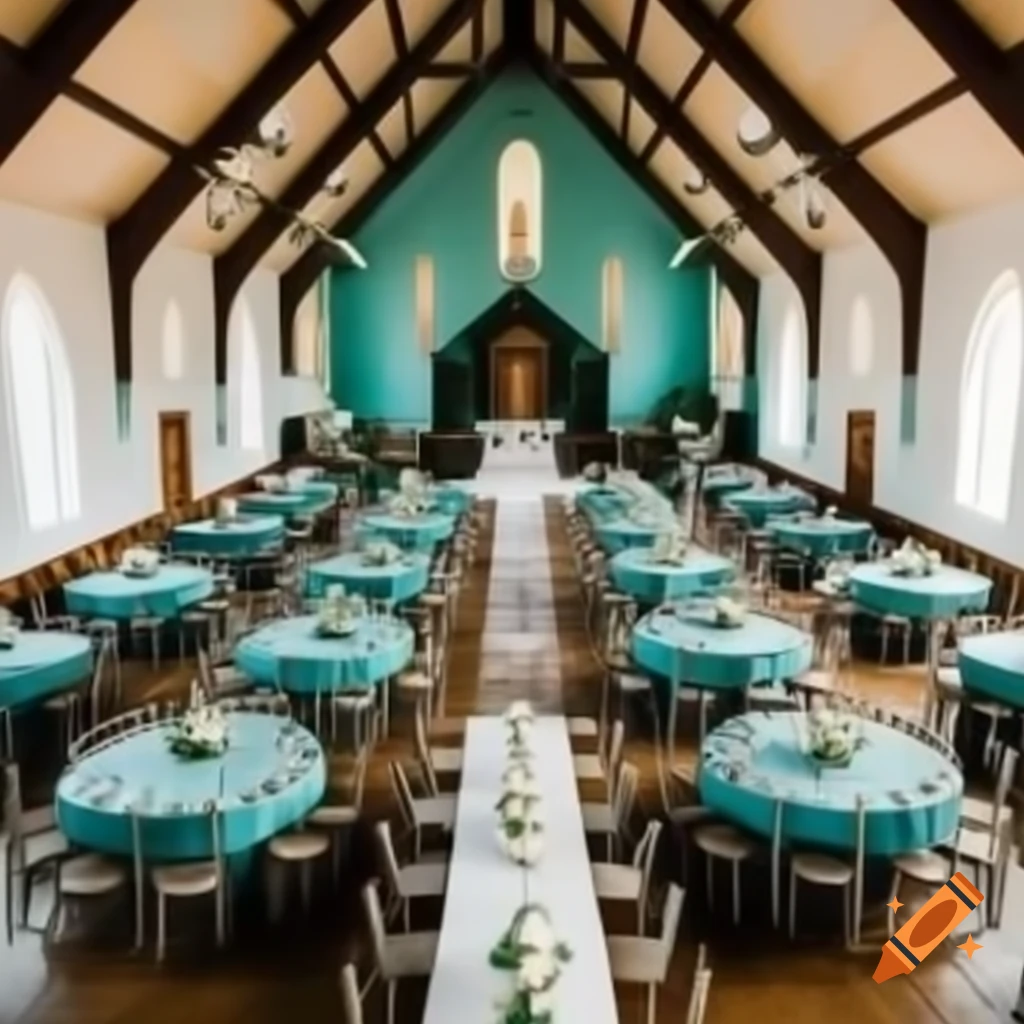 Wedding reception in small church with teal, white, and silver decorations