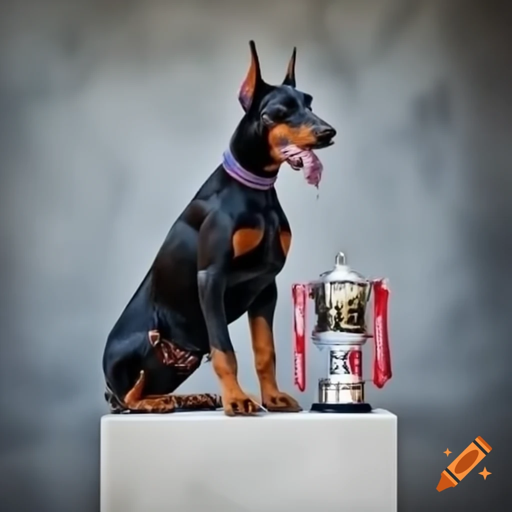 Doberman standing on pedestal with medal and winner's cup