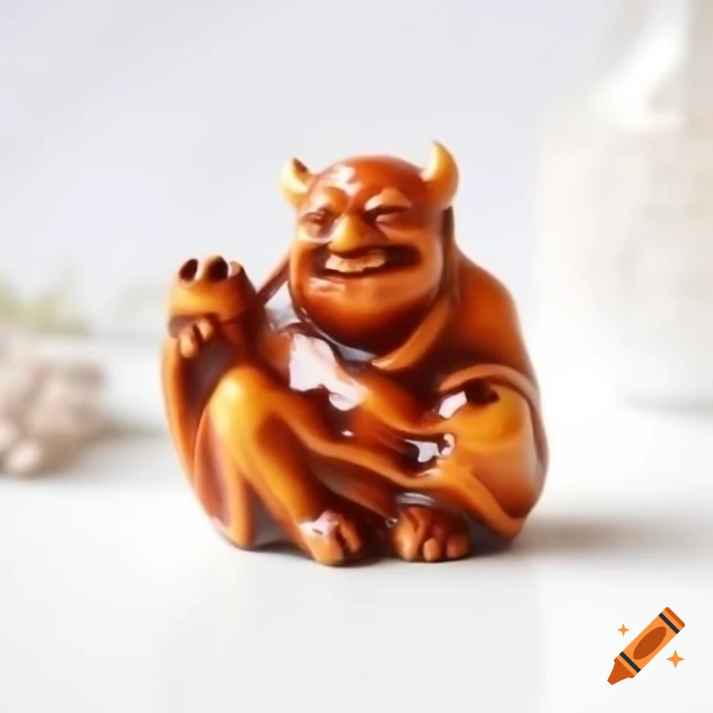 Tall ash glazed ceramic netsuke shaped like a devil, featuring honey crystals against a white background