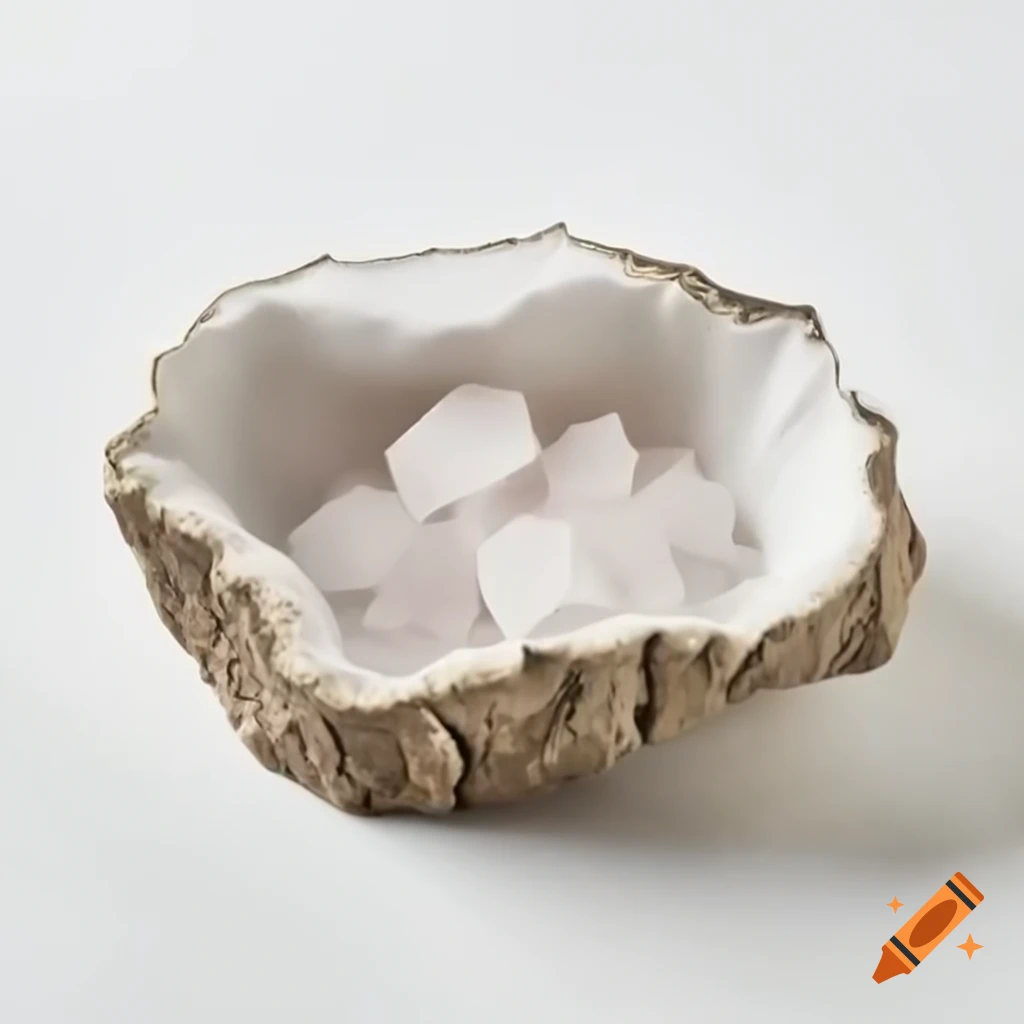 Ceramic salt crystals and brass bark against white background