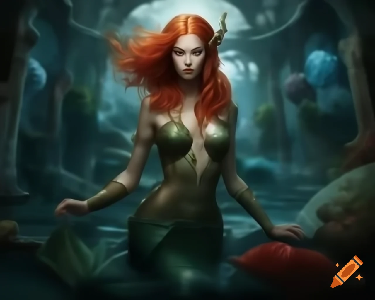 Hyper-realistic image of a red-haired mermaid goddess in a fantasy world