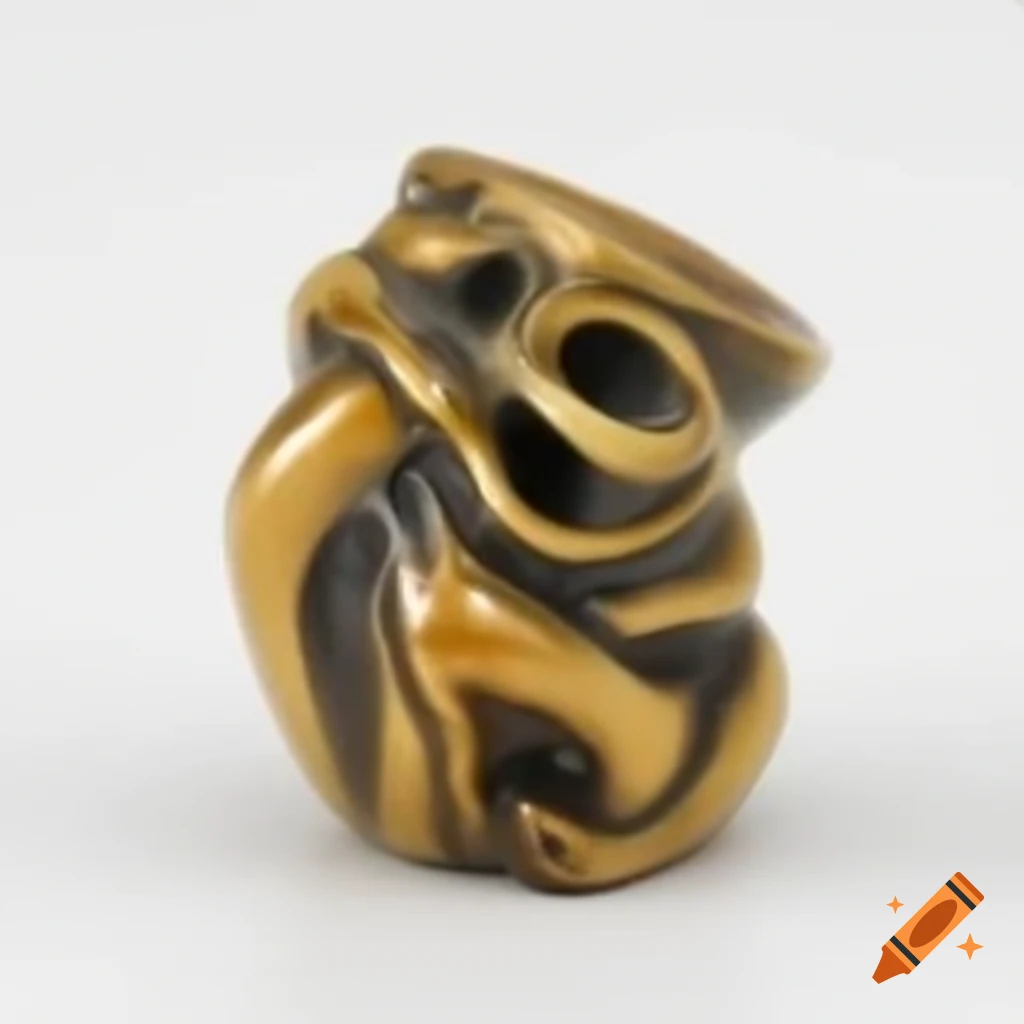 Tall ash glazed ceramic netsuke and brass scientific instrument on white background