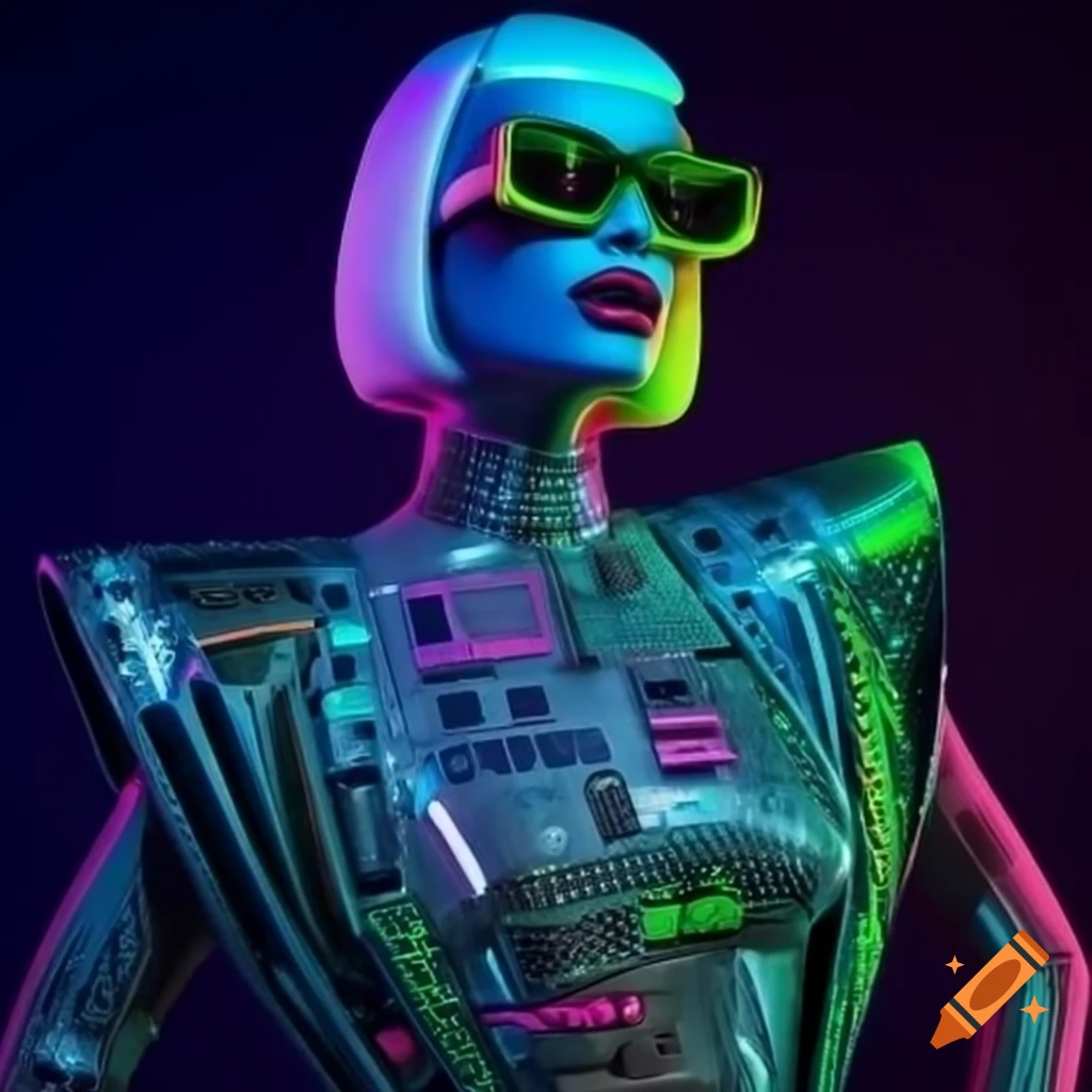 Holographic silver bodysuit with circuit-board detailing for drag performer Nora Virus