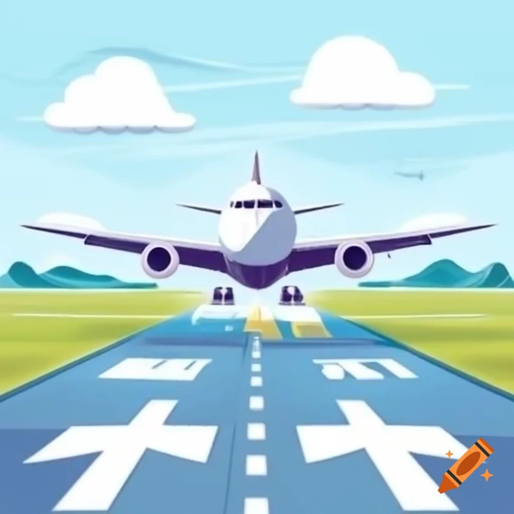 Illustration of airplane landing on runway in children's book style