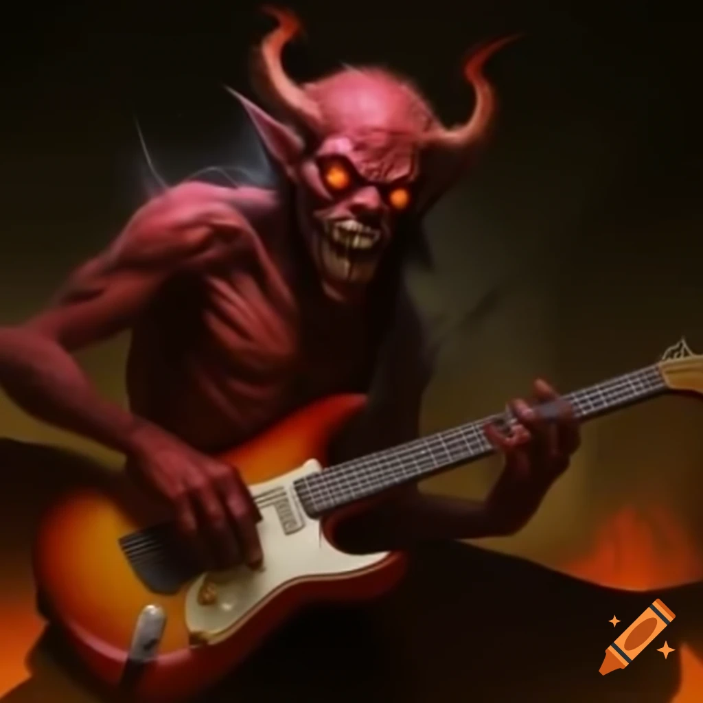 Demon playing electric guitar in a fiery hell setting on Craiyon