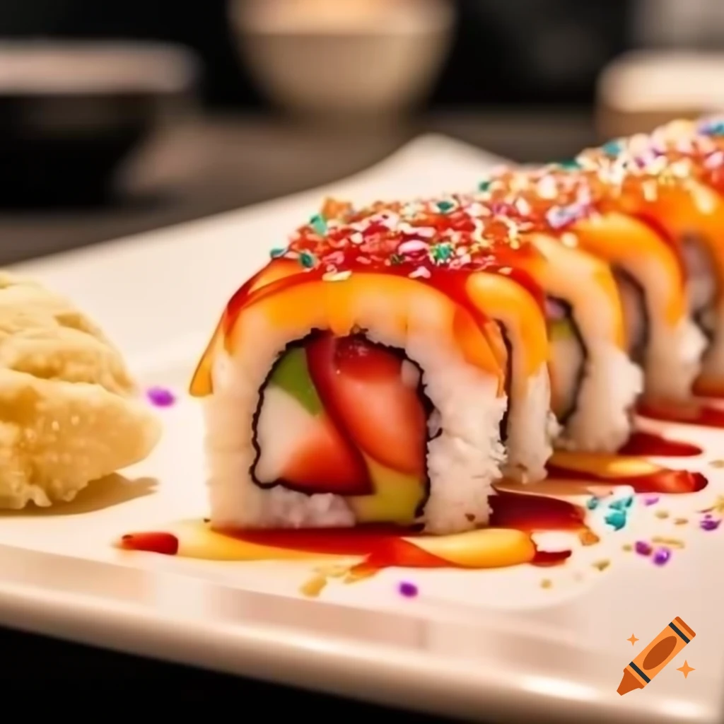 Egg sushi topped with strawberry syrup, ice cream, and sprinkles