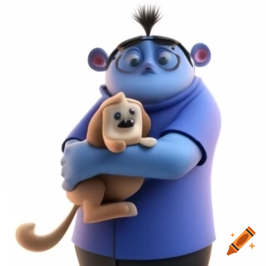 Boy in blue shirt hugging puppy with a mix of sadness and hope, 3D style