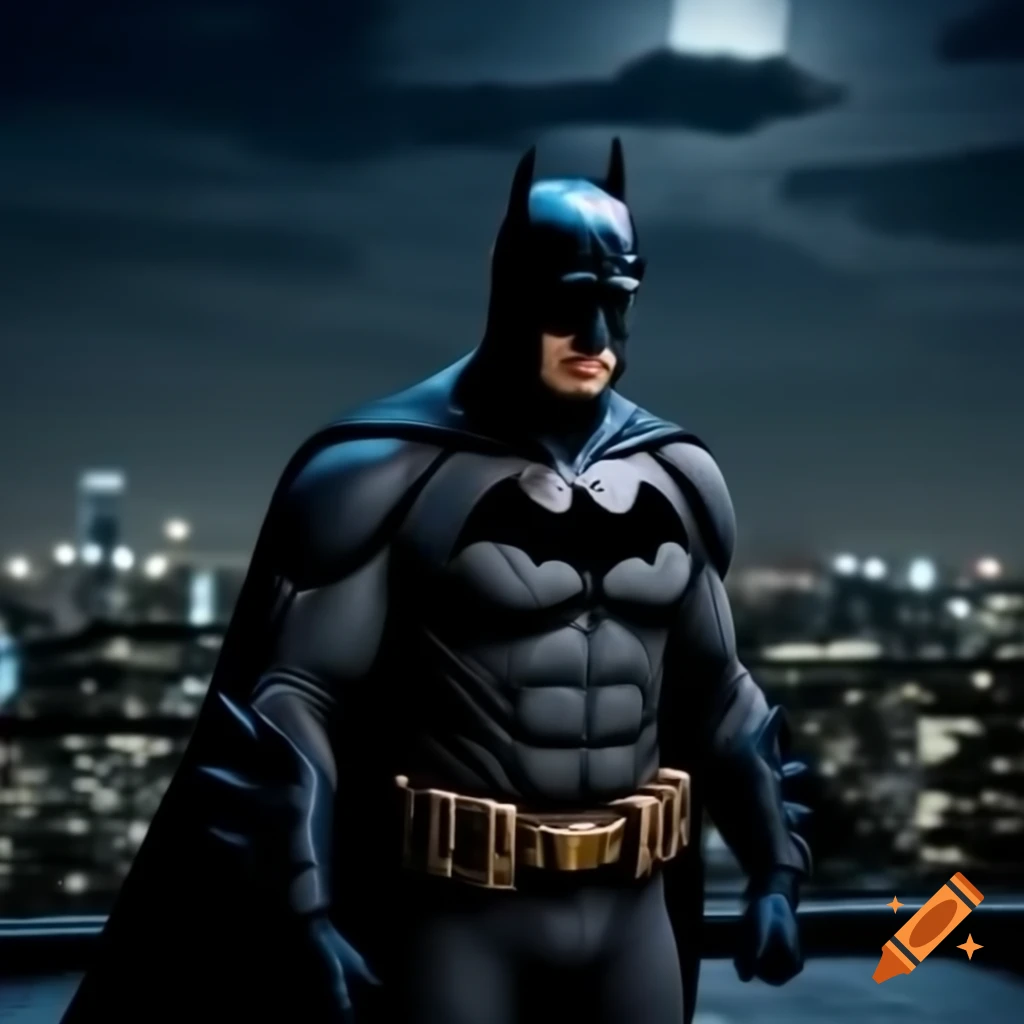 Batman on rooftop at night with city skyline and moonlight, serious ...