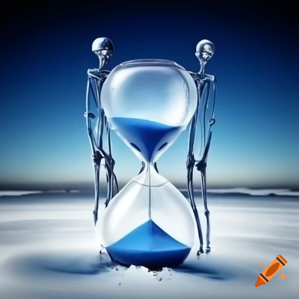 Hourglass with blood red sand and hidden skeletons in melting ice