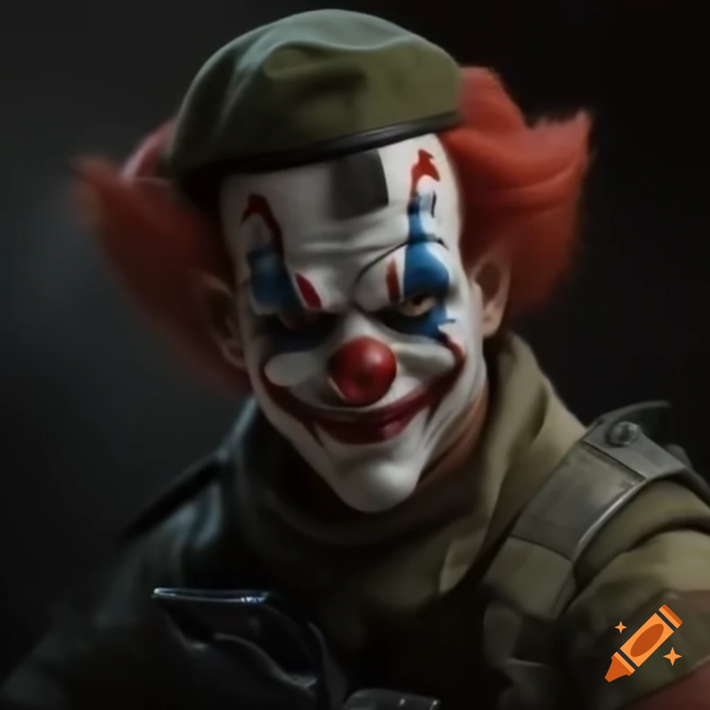 Soldier dressed as clown in dramatic pose, inspired by "The Falling Soldier"