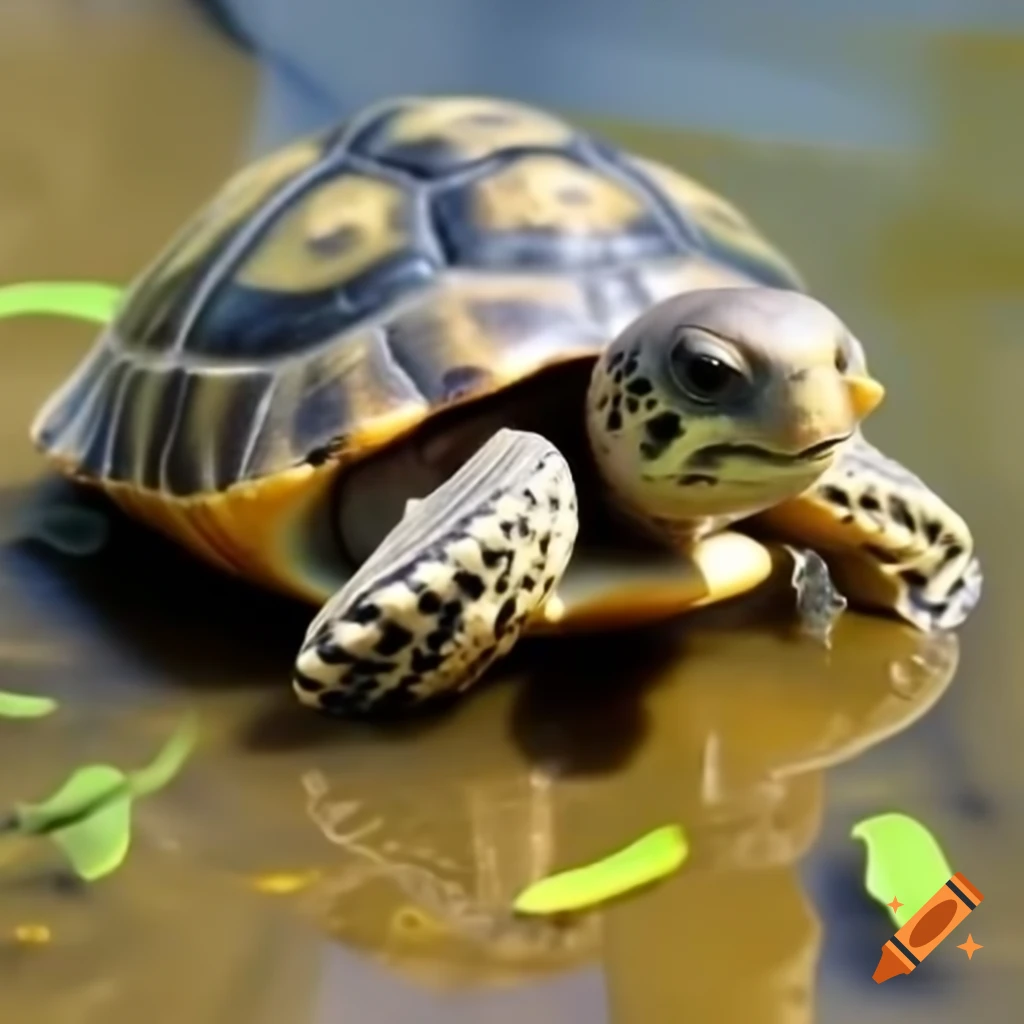Baby turtle named Tina waking up by sunny pond