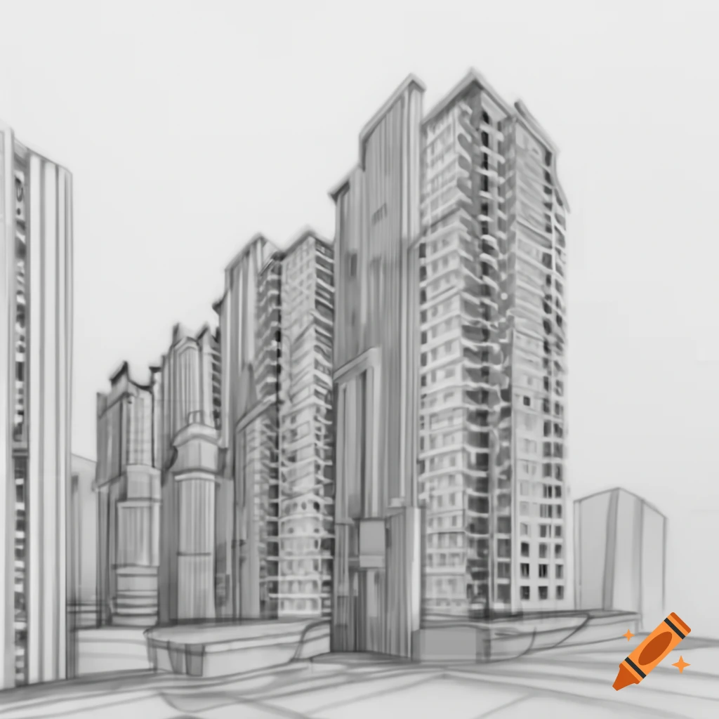 Pencil sketch of high-rise apartment building in architectural style