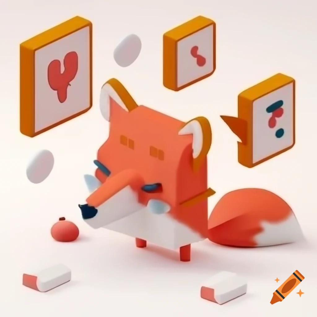 3D sprite sheet featuring a fox with running, jumping, purring, and sleeping frames