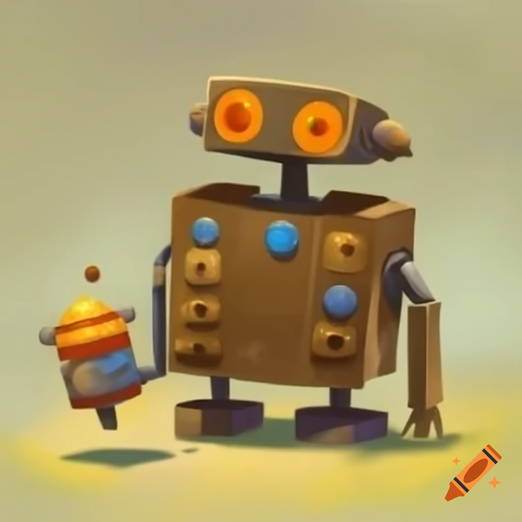 Handcrafted robot made from recycled materials: cardboard armor and button eyes