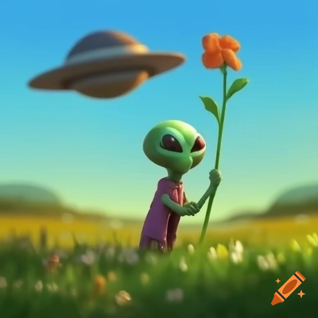 Alien offering a flower with flying saucer in a grassy field