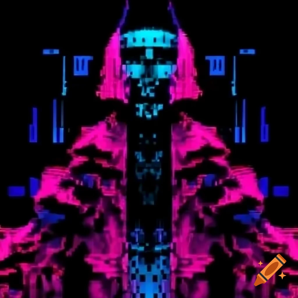 Digital glitch art composition featuring distorted human figure with pixelated texture