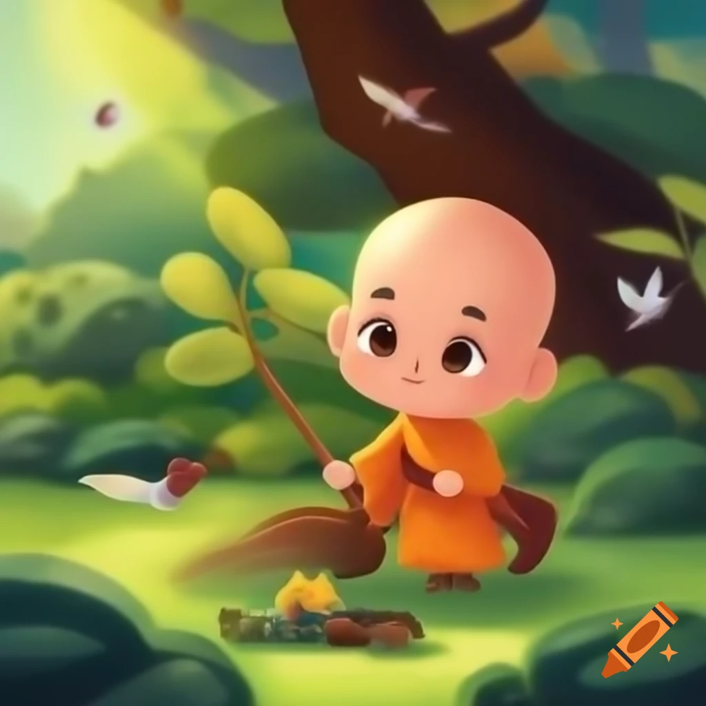 Young monk sweeping leaves in a garden with birds and beautiful scenery