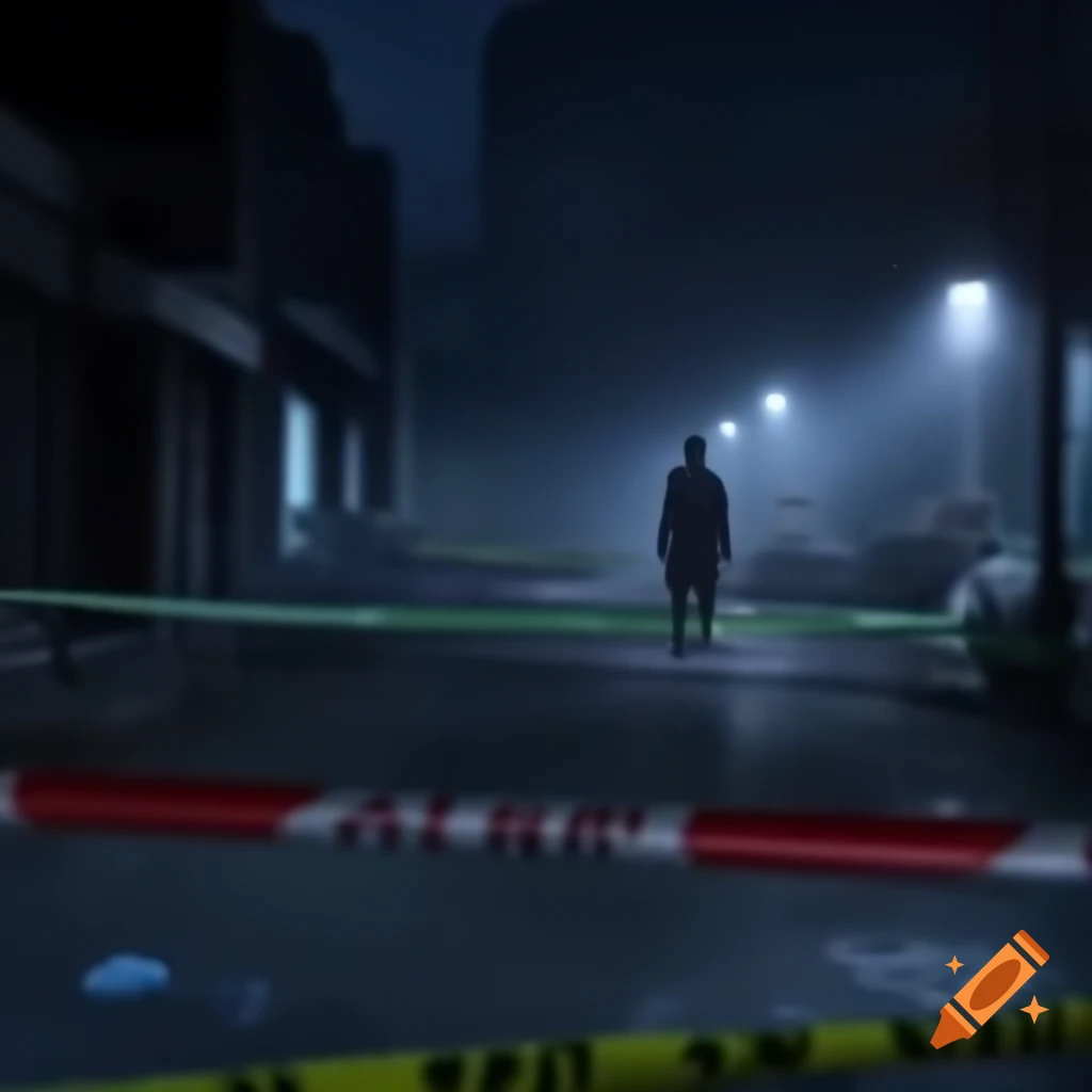 Dimly lit urban street at night with police tape and chalk outlines