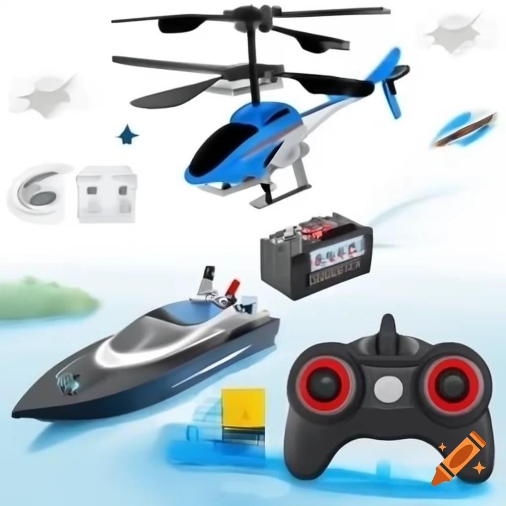 Illustration of RC hobbies featuring helicopter, car, drone, and other equipment