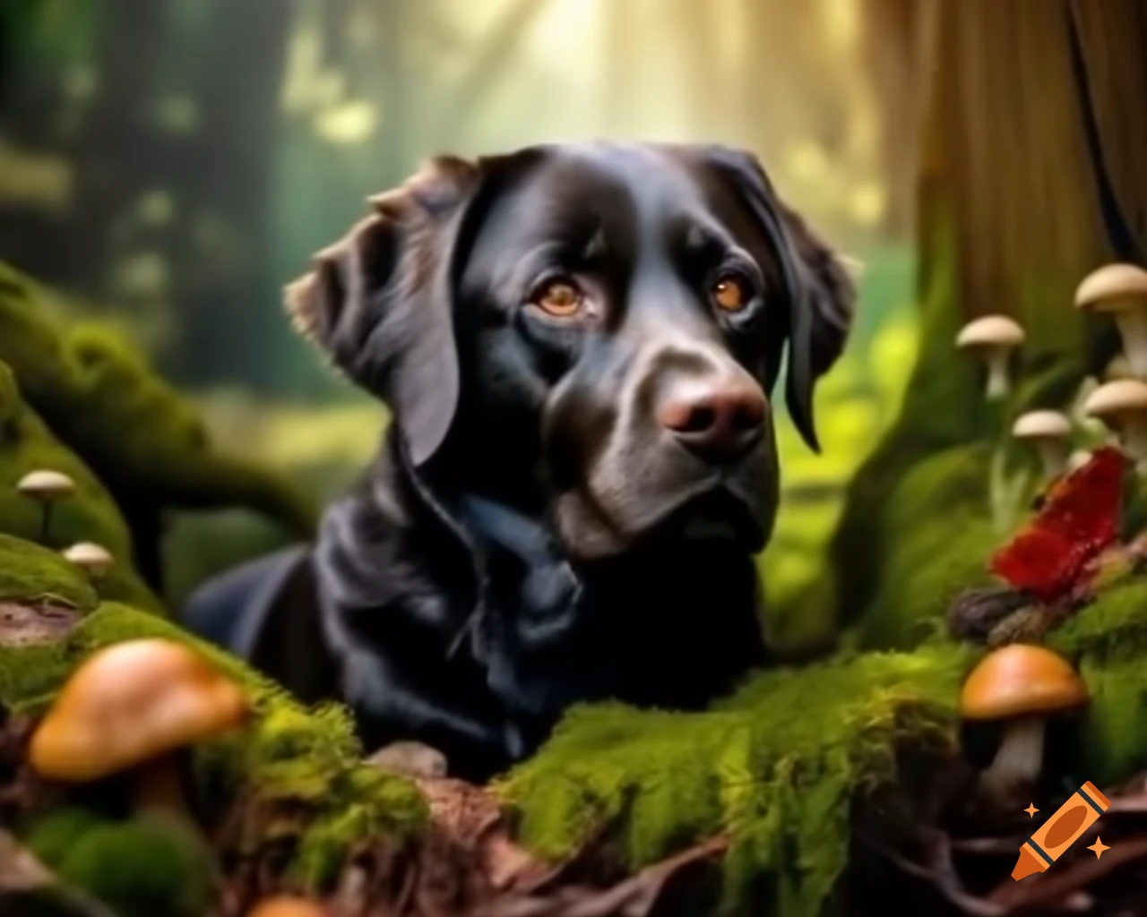 Black Labrador Retriever in lush forest with ancient trees and vibrant ...