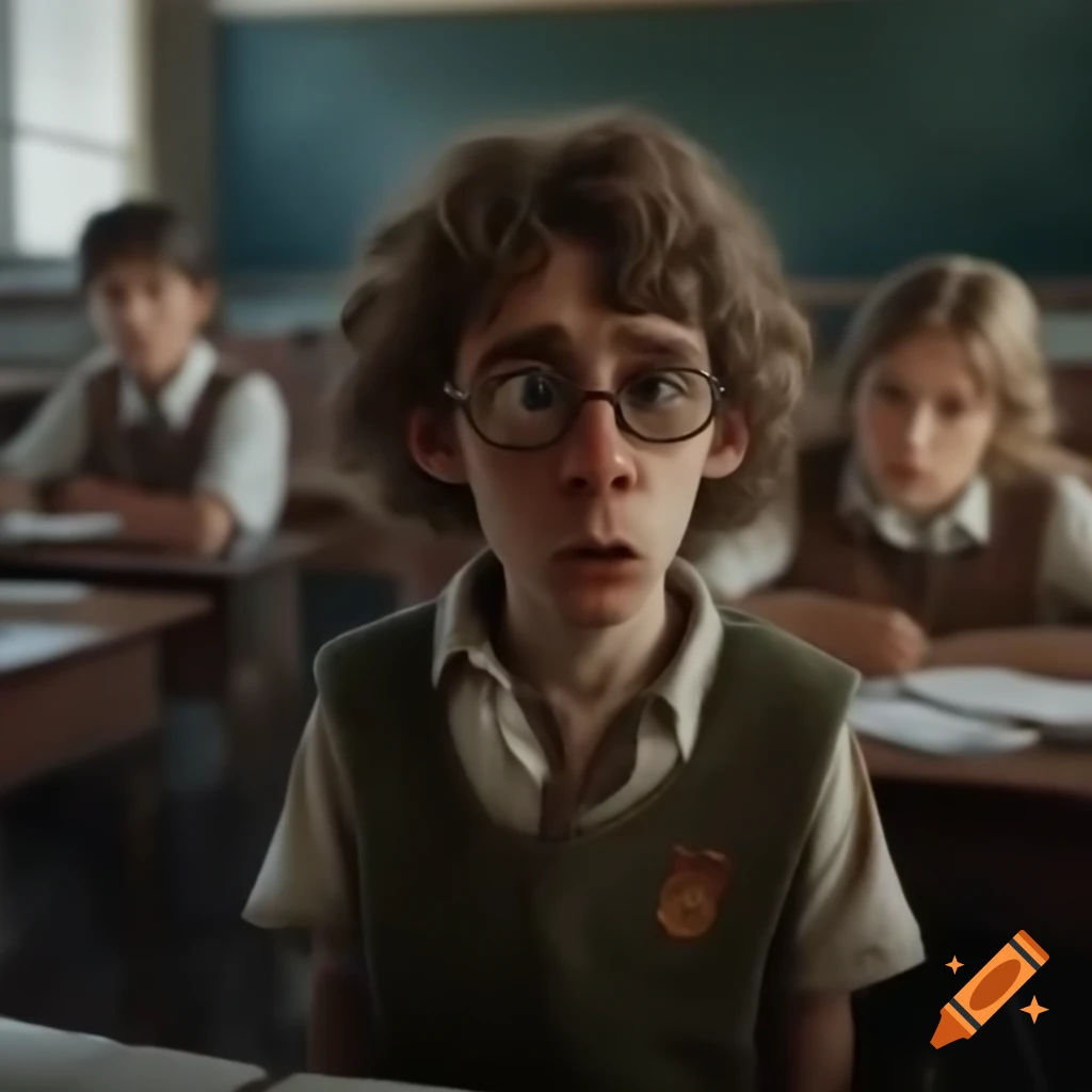 Tall student in tattered clothes and glasses in old classroom