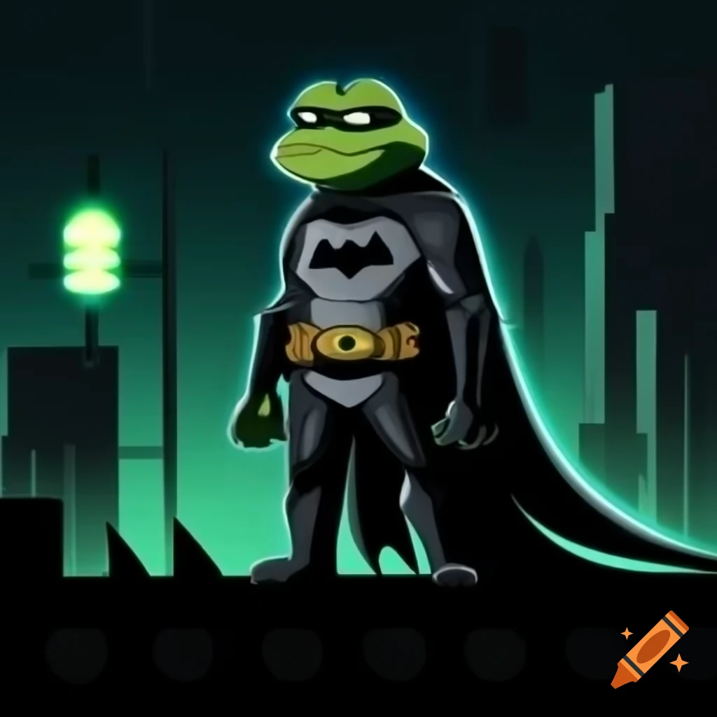 Pepe the Frog as Batman in armored suit on Gotham City rooftop at night on  Craiyon