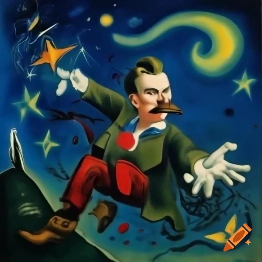 Surreal painting of Nietzsche flying through starry night sky in Chagall style