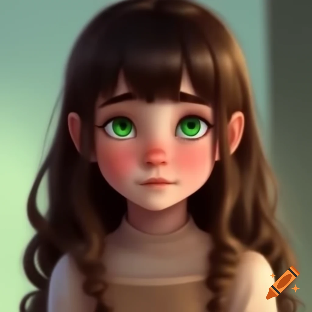 Girl with long brown hair and green eyes wearing a light brown dress on ...