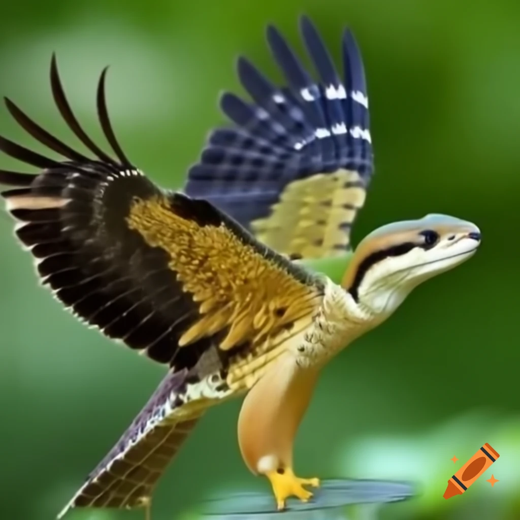 Eyelash viper with eagle wings soaring through the sky, green snake face