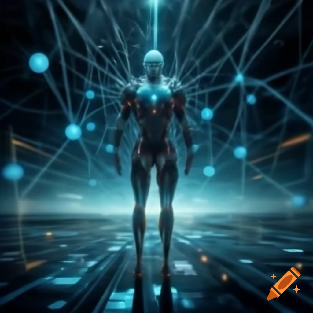 Futuristic cybernetic representation of artificial intelligence with illuminated neural network