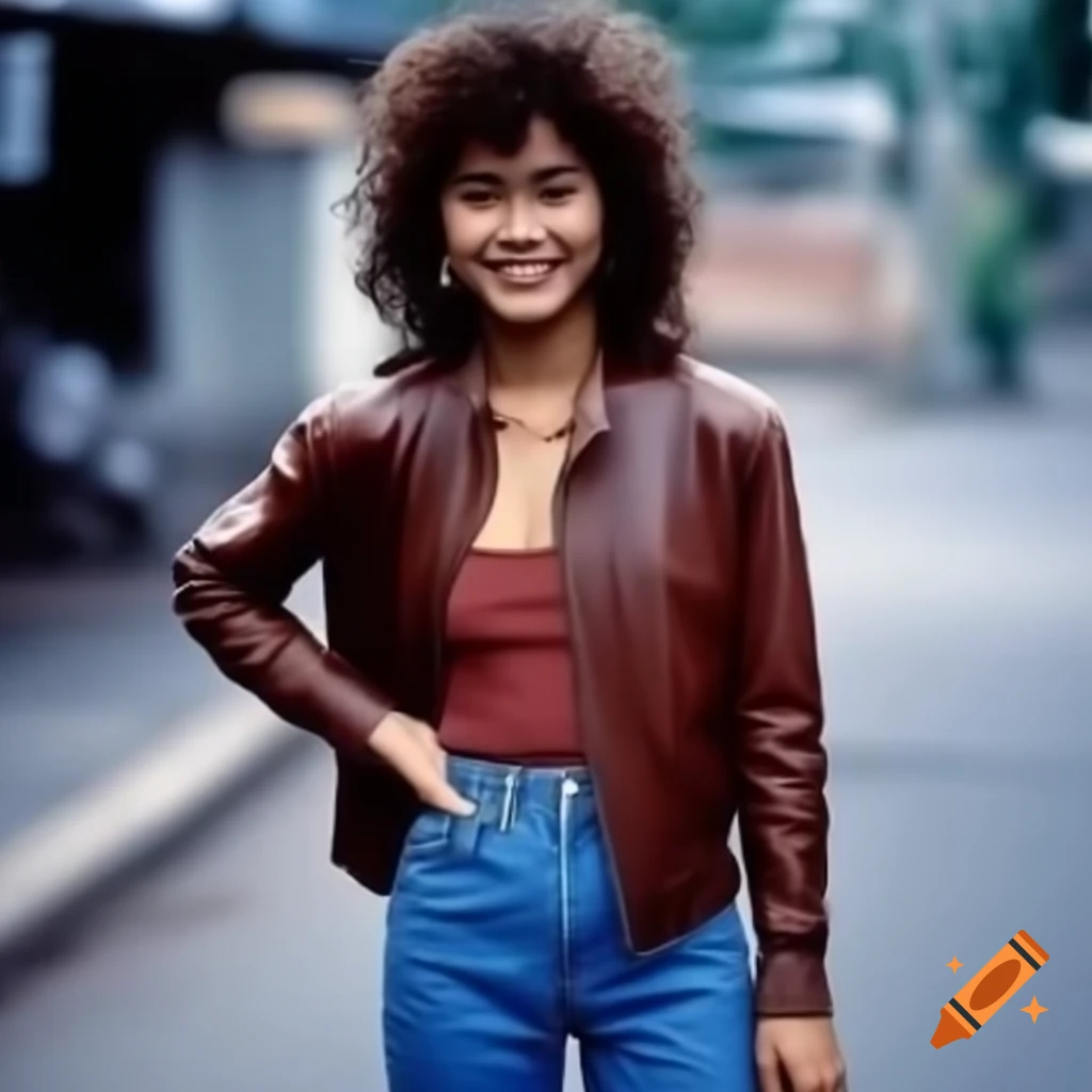 Thai woman in 1980's outfit with leather jacket and curly hair, smiling