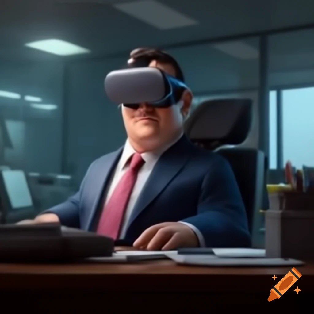 Calm individual in office wearing virtual reality headset, working with a gentle atmosphere