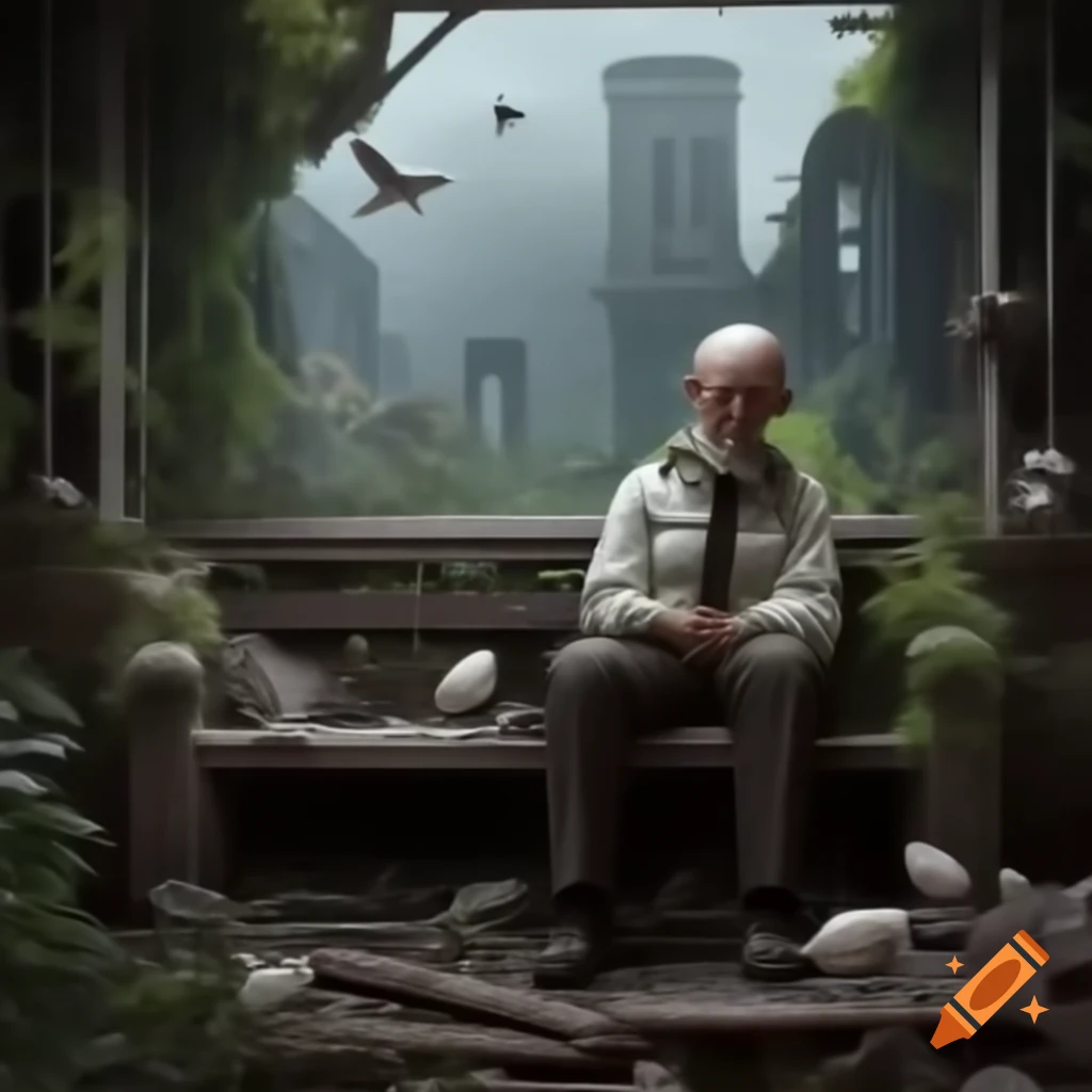 Old disappointed man sitting on bench in overrun garden with moles and birds