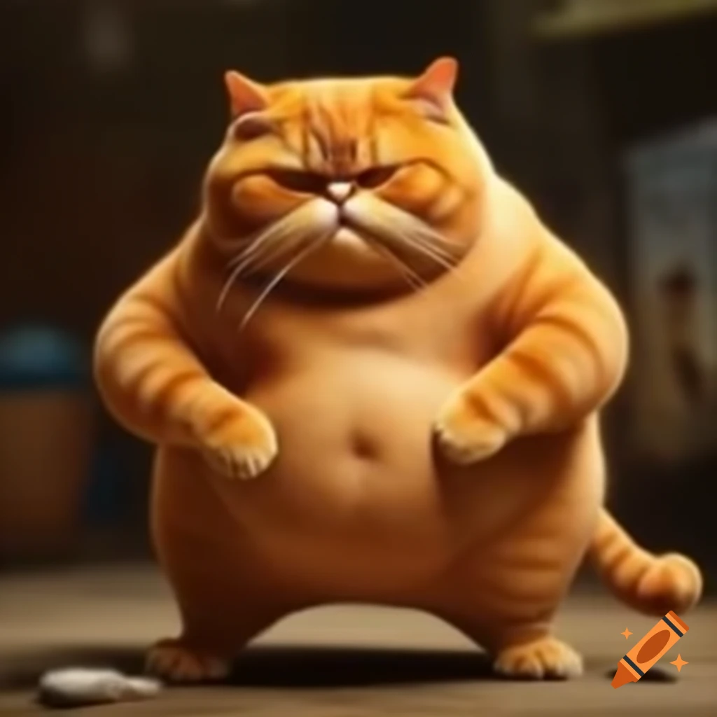 Chubby orange cat playfully engaging in a fight