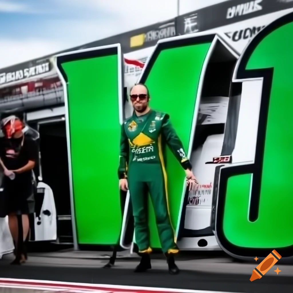 Green letter V in front of a race car driver