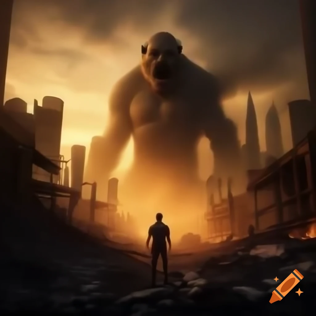 Silhouetted man in front of destroyed Kuala Lumpur at sunrise, smoke and fire from giant monster