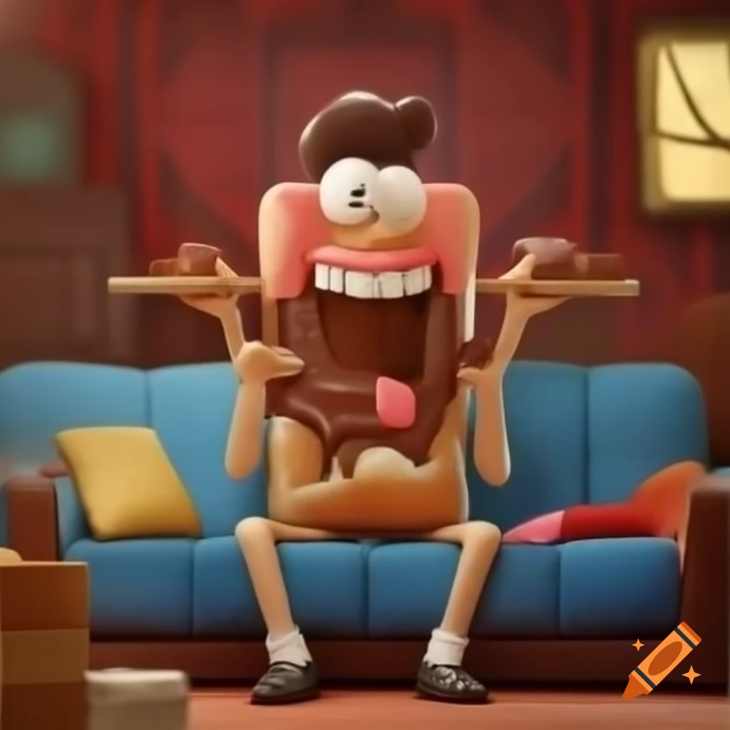 Cartoon sloth on sofa holding a chocolate bar