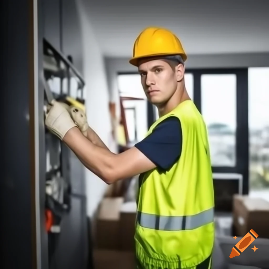 Electrician in safety gear installing electrical panels in modern home