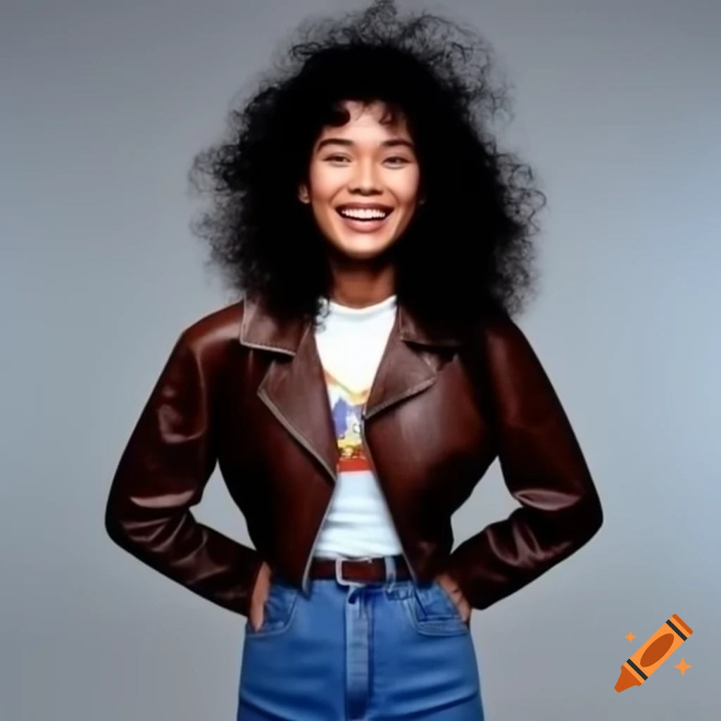 Thai woman in 1980's outfit with leather jacket and curly hair, smiling