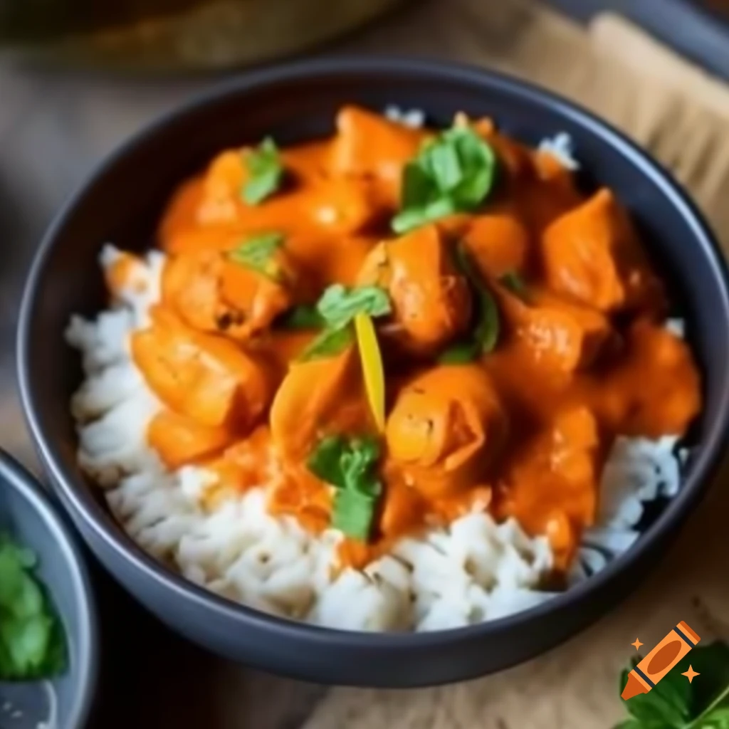 Indian chicken tikka masala served on rice in a bowl
