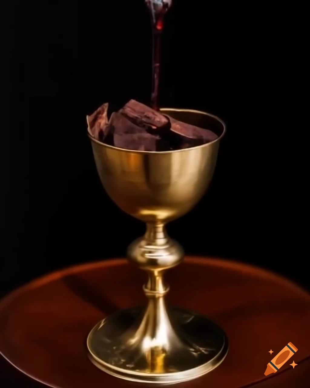 Purple wine spilling from brass chalice