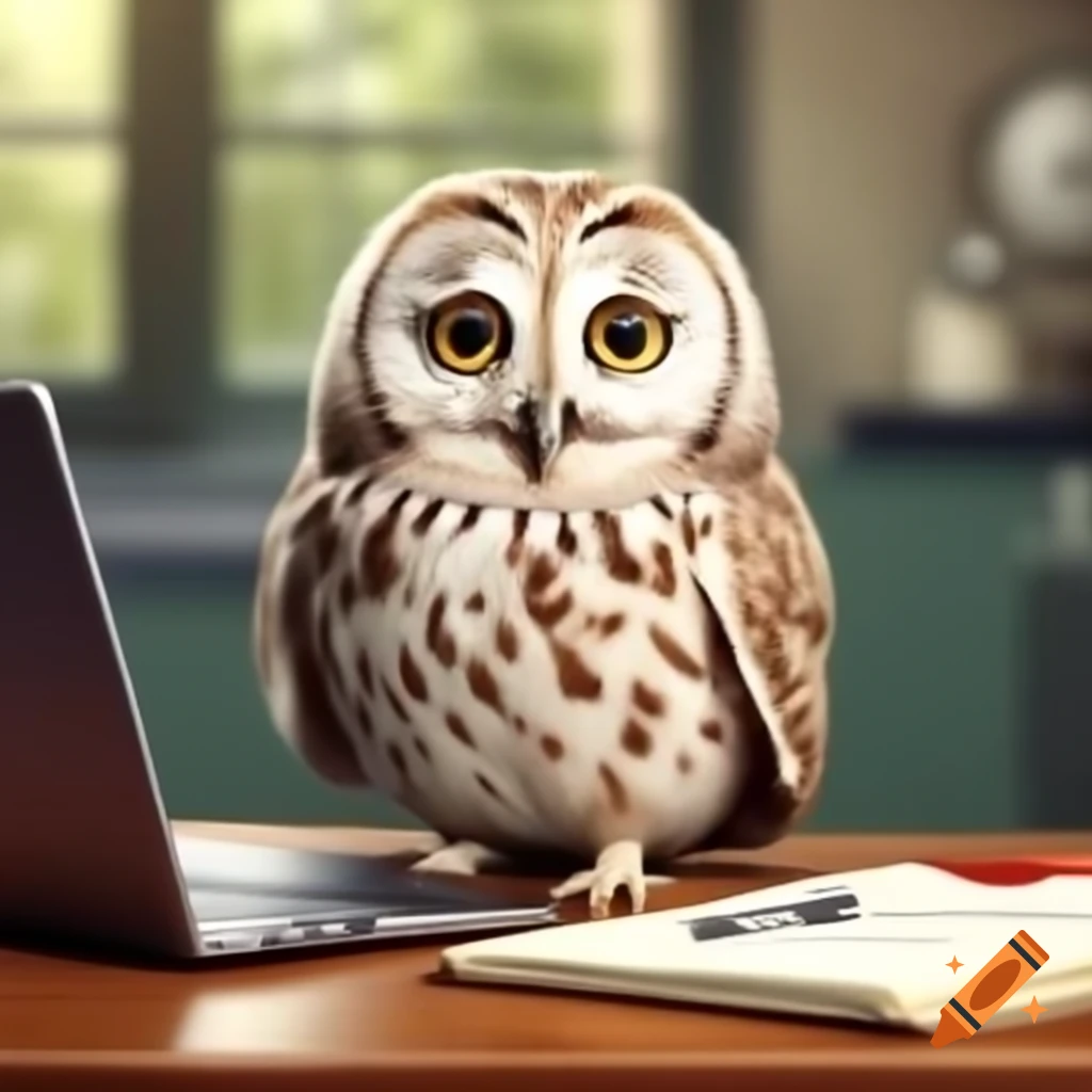 Owlet using laptop while drinking coffee, no background