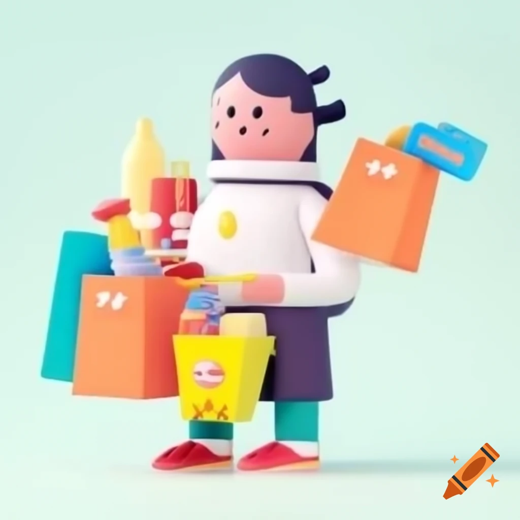 Cartoon character holding shopping basket with services like gardening and daycare