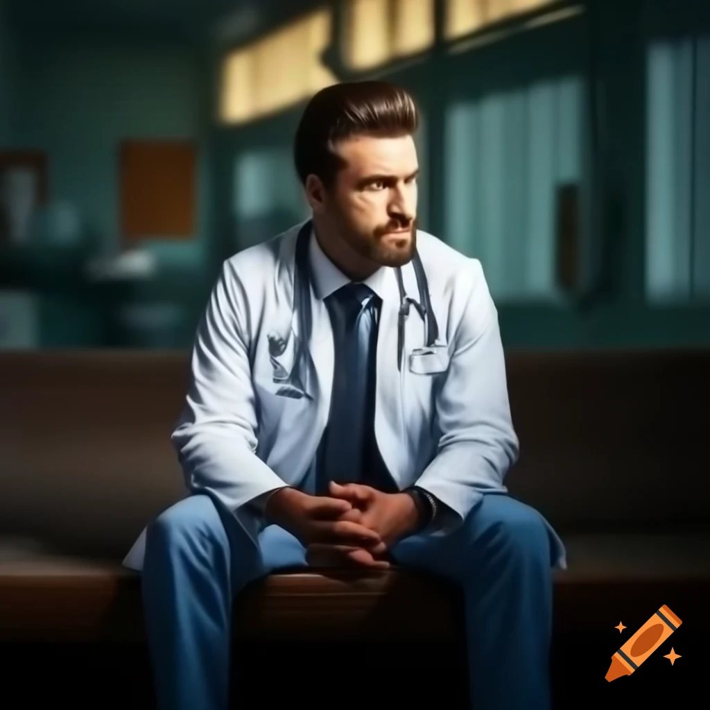 Young male doctor in white coat sitting in clinic