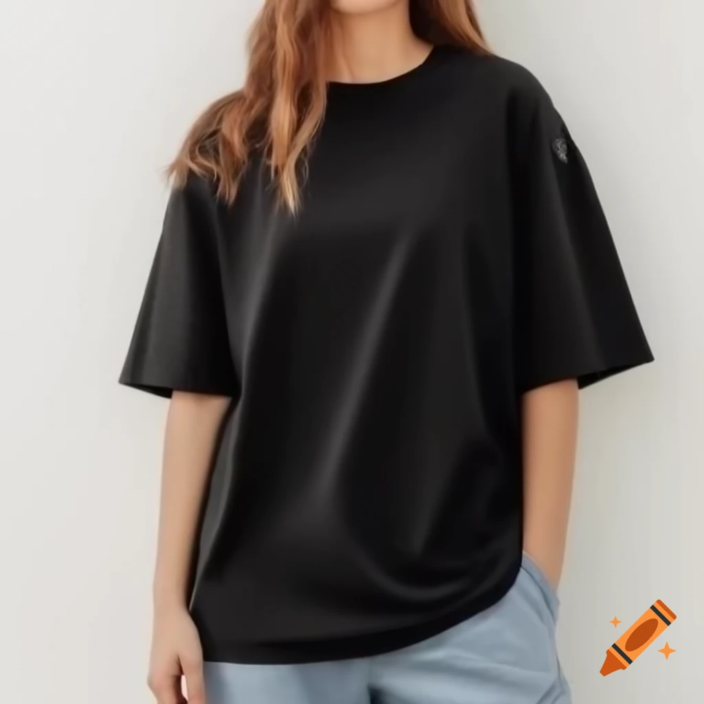Casual fashion look featuring female model in black boxfit t-shirt