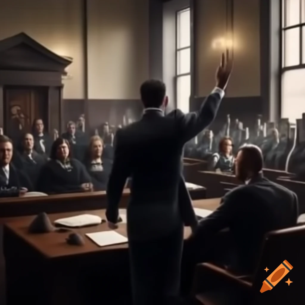 Lawyer enthusiastically addressing jury in courtroom