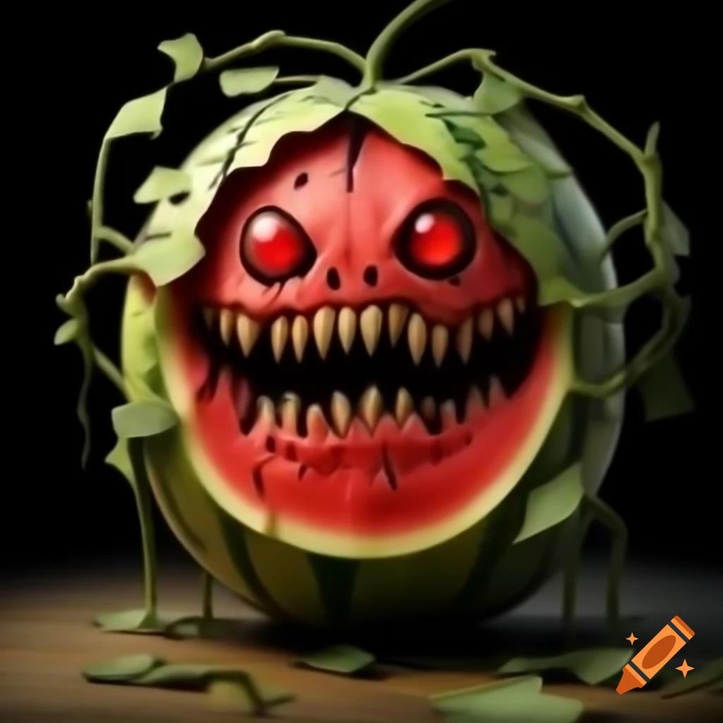 Creepy cartoon watermelon transforming into a zombie with glowing red eyes
