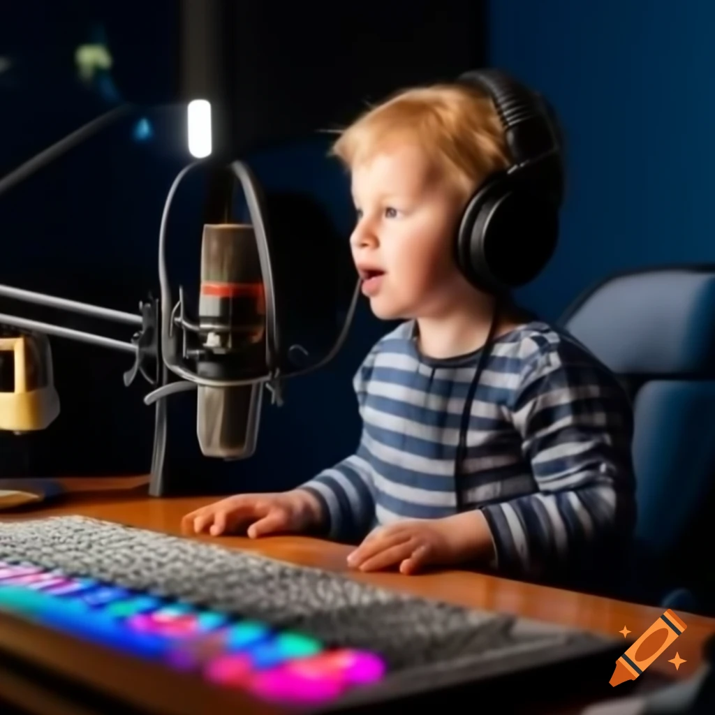 Toddler exploring bright podcasting setup in professional recording studio